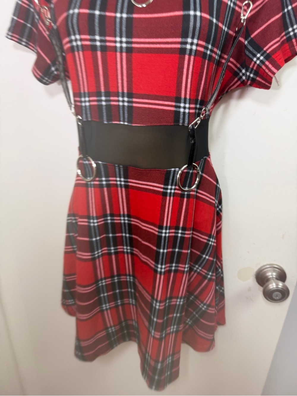 Devil Fashion X Dolls Kill Red Plaid Mesh Goth Punk Harness Dress S *NO CHAIN* - Picture 9 of 16